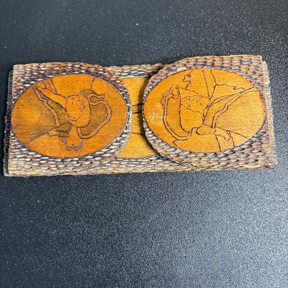 Antique Pyrography Lewis & Clark Hinged Wooden Bookends Primitive - Picture 1 of 10